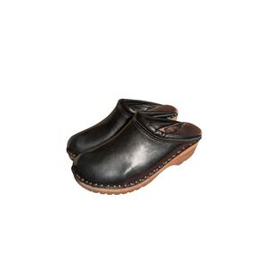 Troentorp Swedish Clogs Black Leather Wooden Mules Womens 39 EU 8.5-9 US Studded